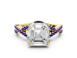 Yellow gold Asscher Cut Diamond with Tanzanite side stone Halo Twist Band Solitaire Prong Setting Ring_36