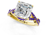 Yellow gold Asscher Cut Diamond with Tanzanite side stone Halo Twist Band Solitaire Prong Setting Ring_37