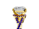 Yellow gold Asscher Cut Diamond with Tanzanite side stone Halo Twist Band Solitaire Prong Setting Ring_41