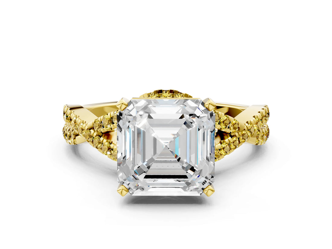 Yellow gold Asscher Cut Diamond with Yellow Sapphire side stone Halo Twist Band Solitaire Prong Setting Ring_12