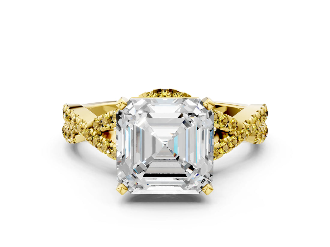 Yellow gold Asscher Cut Diamond with Yellow Sapphire side stone Halo Twist Band Solitaire Prong Setting Ring_36