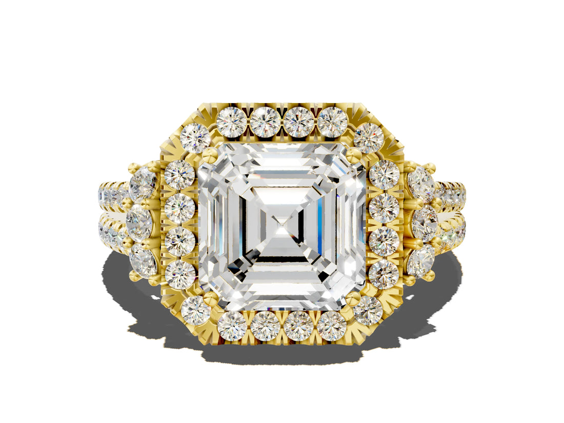 Yellow gold Asscher Cut Double Halo Diamond Engagement Ring with Pave Band and Four-Prong Setting_25