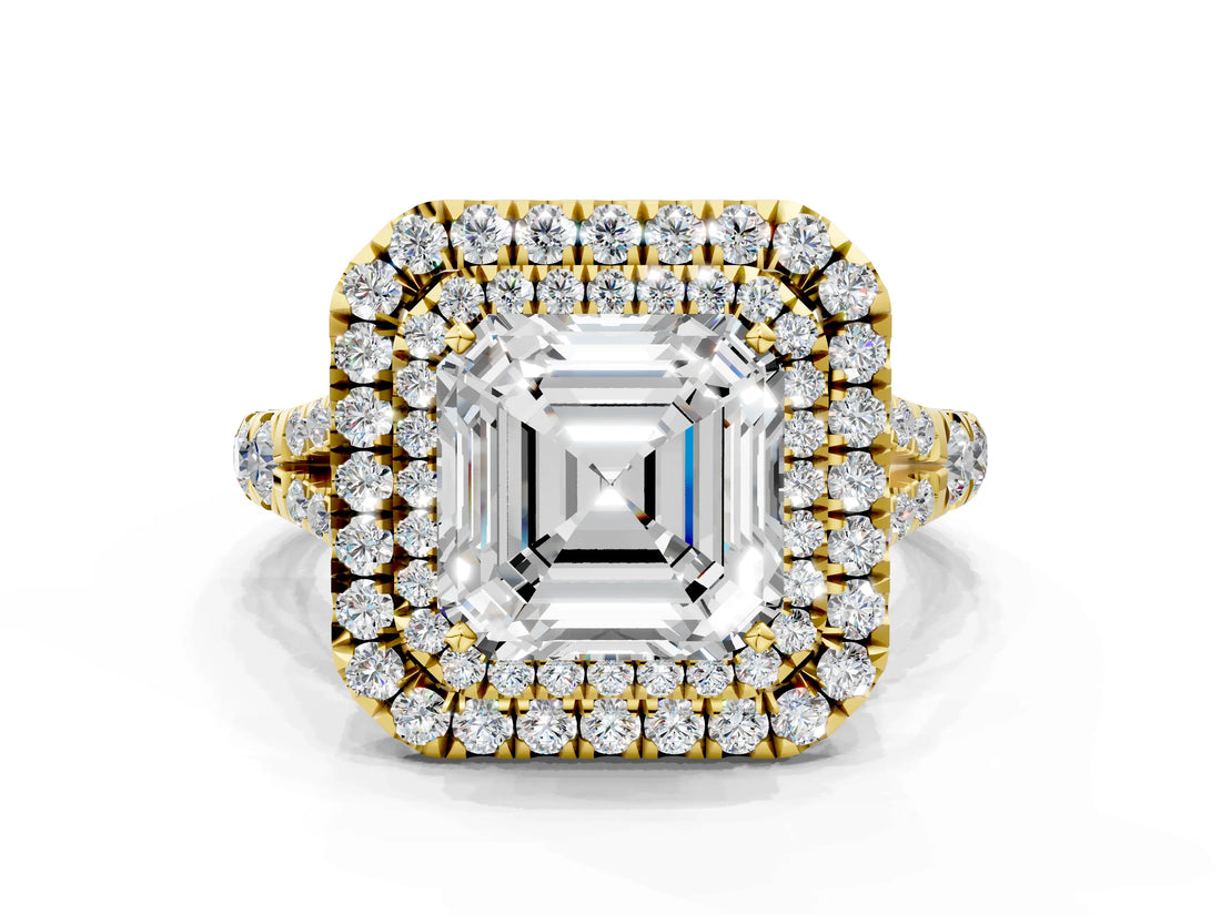 Yellow gold Asscher Cut Double Halo Split Shank Diamond Ring with Prong Setting_53