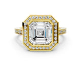Yellow gold Asscher Cut Halo Bezel Diamond Pave Band Ring_9