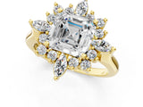 Yellow gold Asscher Cut Halo Diamond Cluster Ring with Marquise and Round Stones on a White Gold Band with Prong Setting_10