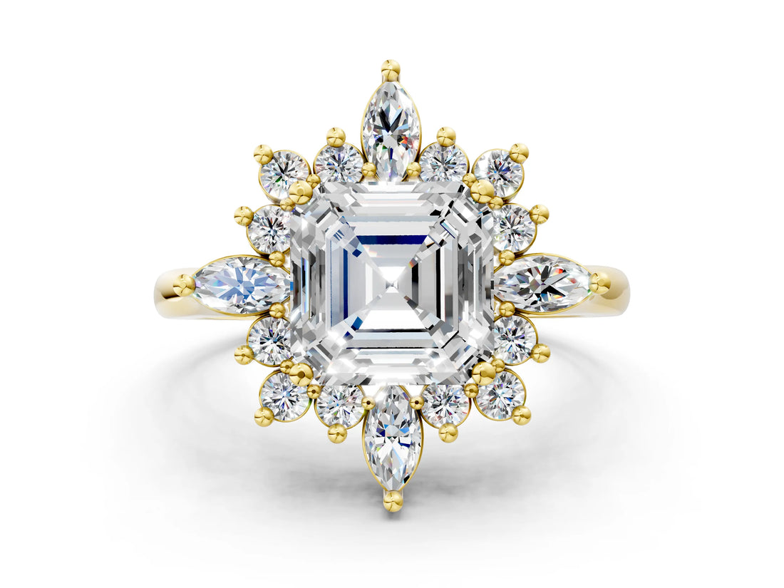 Yellow gold Asscher Cut Halo Diamond Cluster Ring with Marquise and Round Stones on a White Gold Band with Prong Setting_9