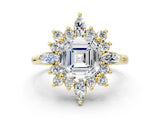 Yellow gold Asscher Cut Halo Diamond Cluster Ring with Marquise and Round Stones on a White Gold Band with Prong Setting_9