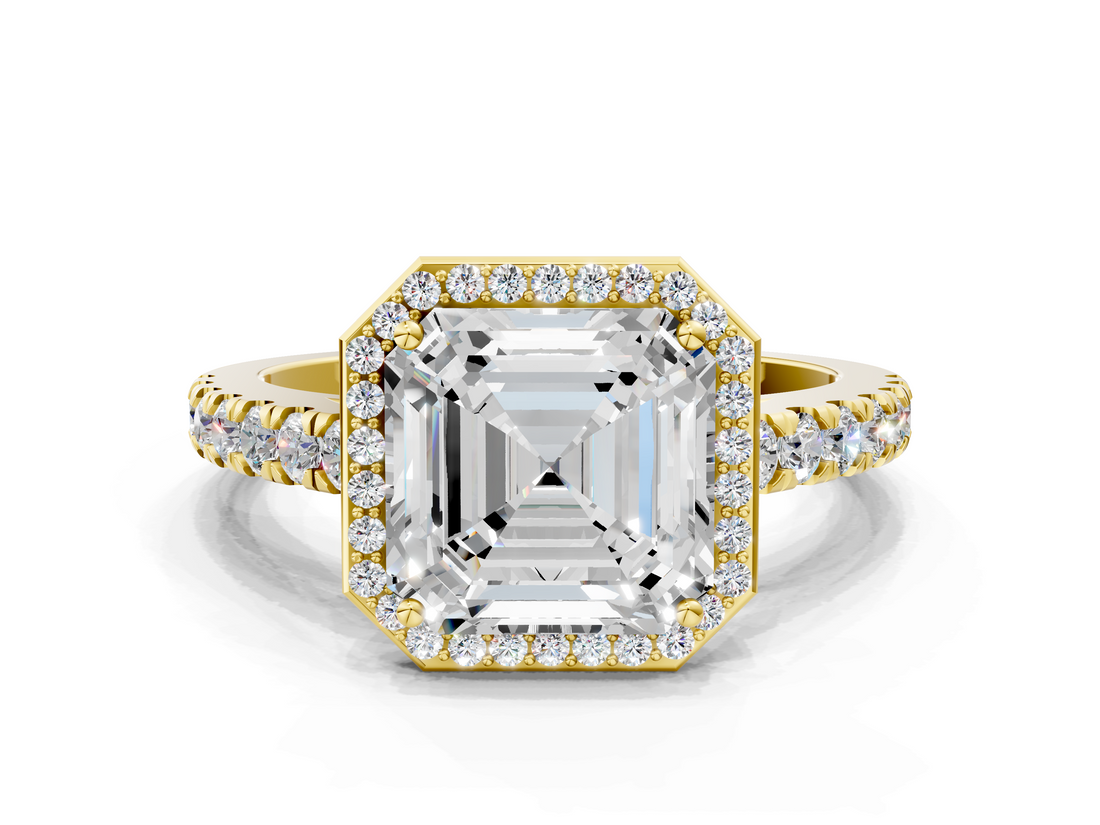 Yellow gold Asscher Cut Halo Diamond Engagement Ring with Pave Band and Four-Prong Setting_23