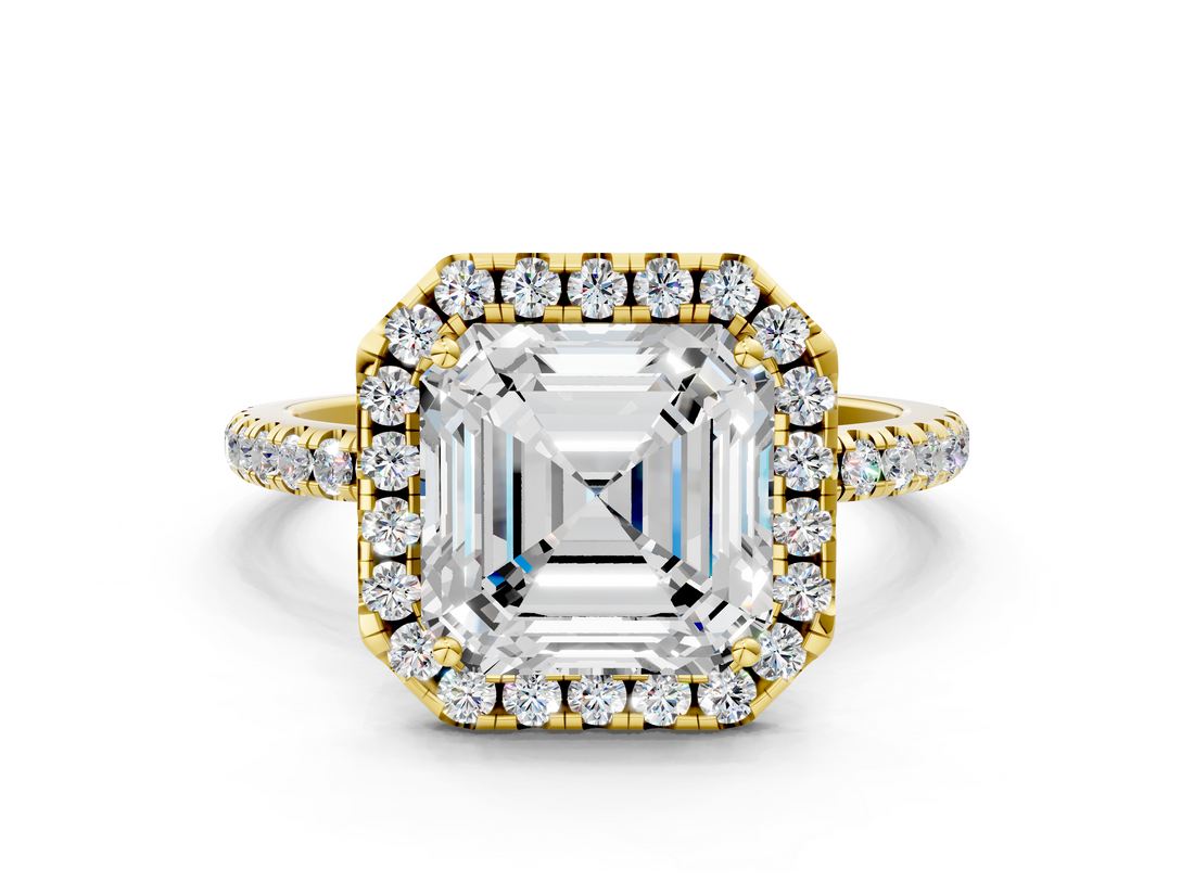 Yellow gold Asscher Cut Halo Diamond Engagement Ring with Pave Band and Four-Prong Setting_6
