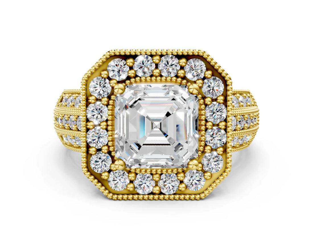 Yellow gold Asscher Cut Halo Diamond Engagement Ring with Pave Split Shank and Four-Prong Setting_15