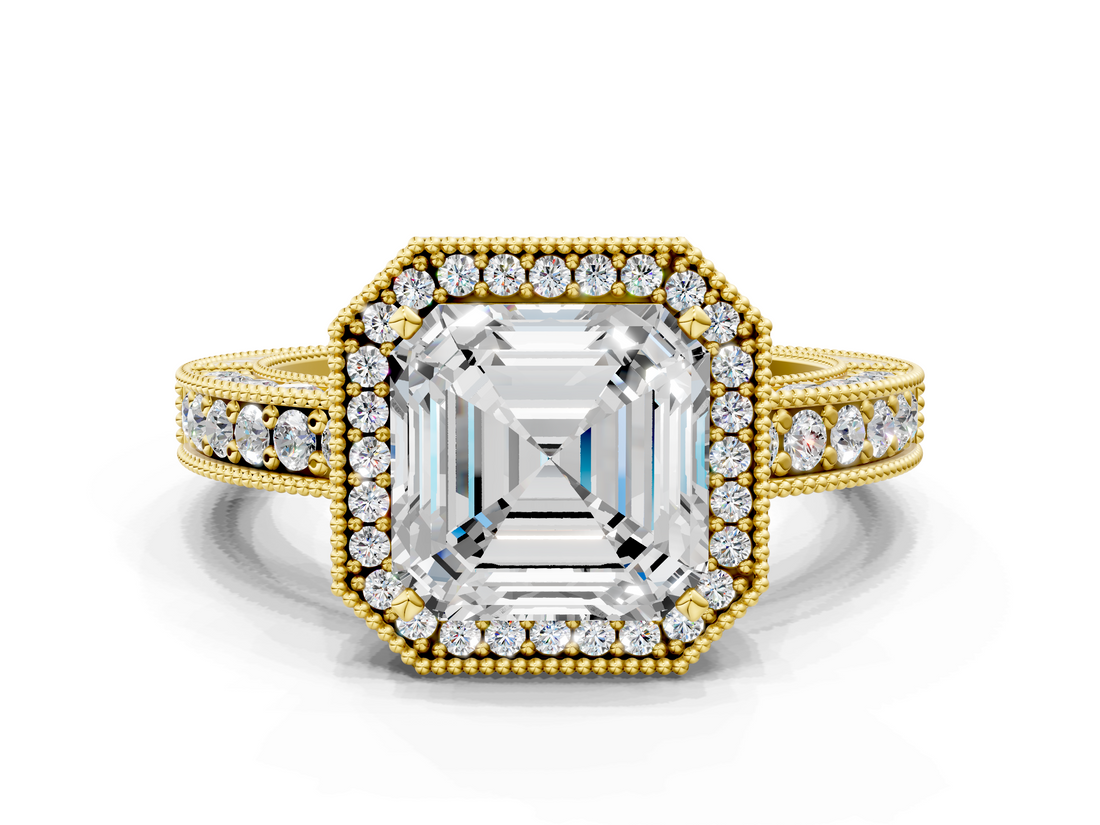 Yellow gold Asscher Cut Halo Diamond Pave Band Ring with Four-Prong Setting_6