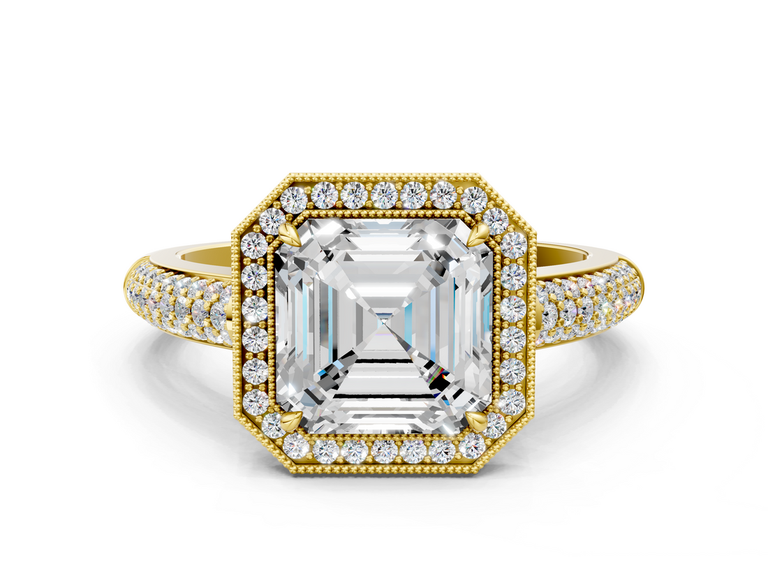 Yellow gold Asscher Cut Halo Diamond Pave Band with Four-Prong Setting_23