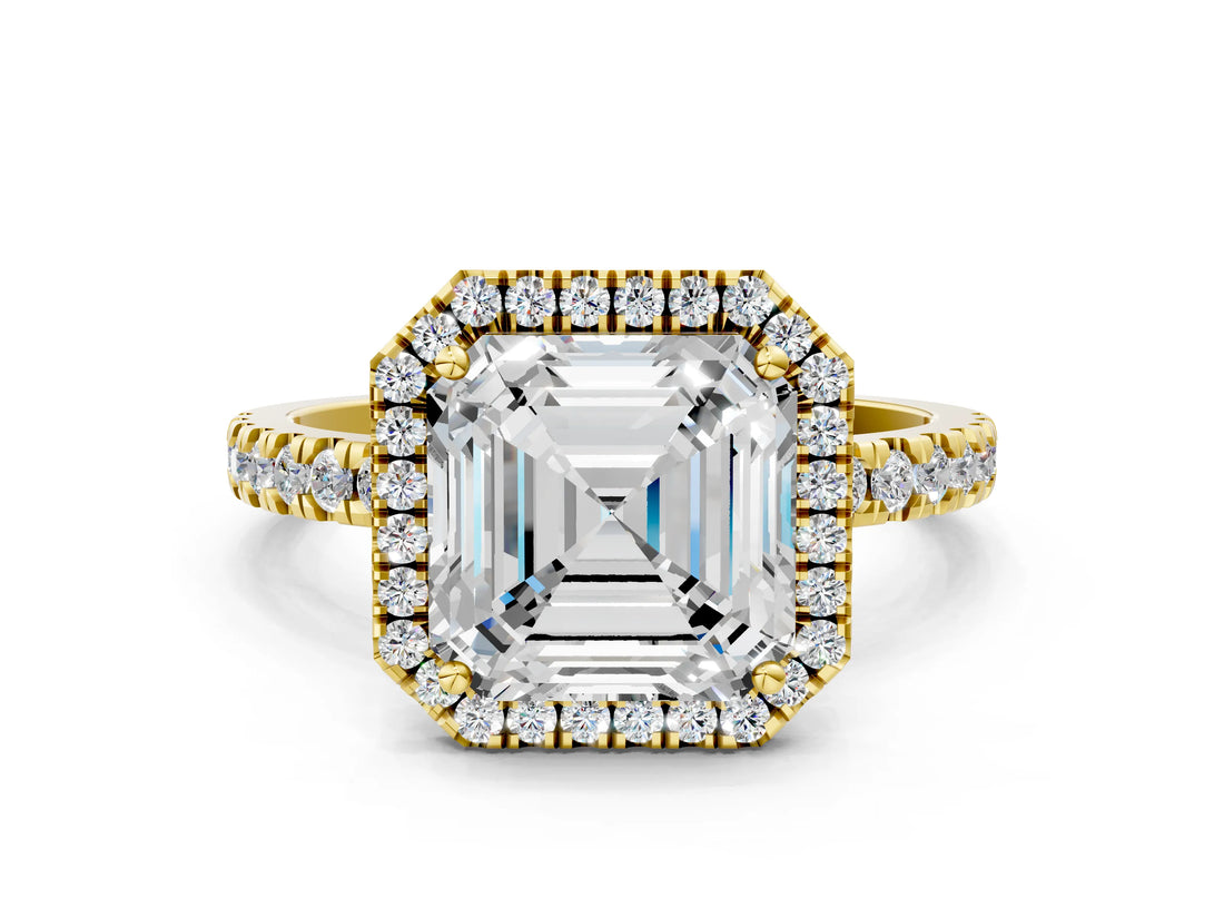 Yellow gold Asscher Cut Halo Diamond Pave Band with Prong Setting_8