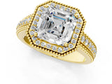 Yellow gold Asscher Cut Halo Diamond Ring with Beaded Split Shank and Four-Prong Setting_10