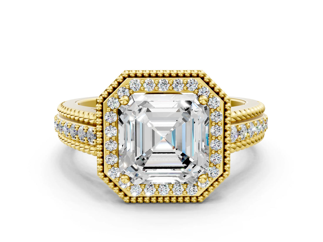 Yellow gold Asscher Cut Halo Diamond Ring with Beaded Split Shank and Four-Prong Setting_9