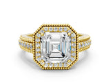 Yellow gold Asscher Cut Halo Diamond Ring with Beaded Split Shank and Four-Prong Setting_9