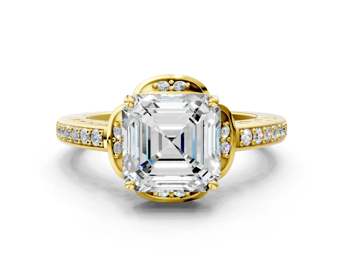 Yellow gold Asscher Cut Halo Diamond Ring with Channel Set Band and Four-Prong Setting_52