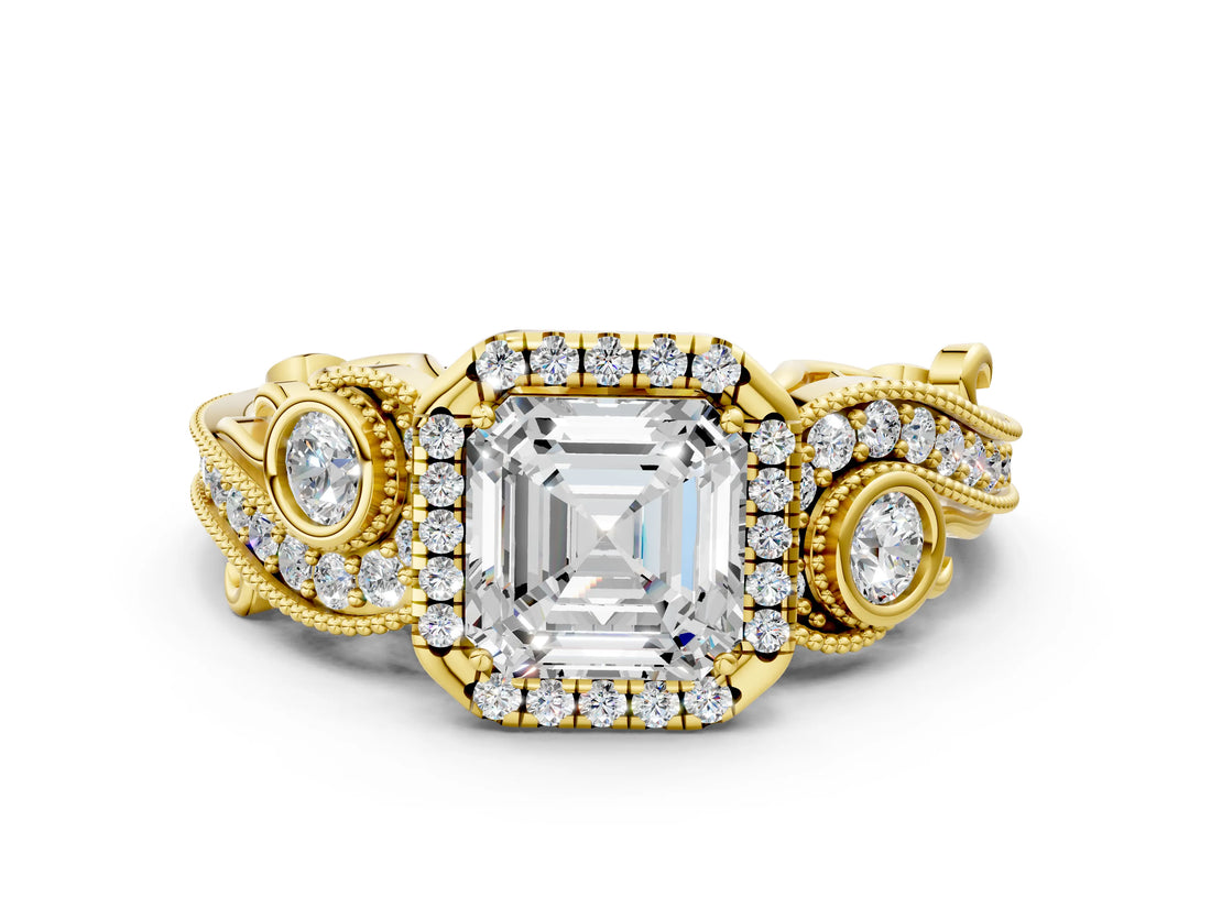 Yellow gold Asscher Cut Halo Diamond Ring with Milgrain and Bezel Accents on a Split Shank Band_15