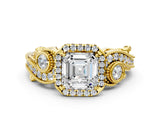 Yellow gold Asscher Cut Halo Diamond Ring with Milgrain and Bezel Accents on a Split Shank Band_3