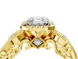 Yellow gold Asscher Cut Halo Diamond Ring with Milgrain and Bezel Accents on a Split Shank Band_7