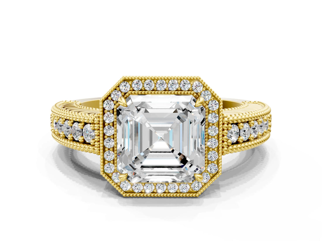 Yellow gold Asscher Cut Halo Diamond Ring with Pavé Band and Four-Prong Setting_35