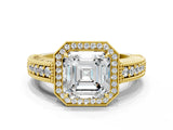 Yellow gold Asscher Cut Halo Diamond Ring with Pavé Band and Four-Prong Setting_35