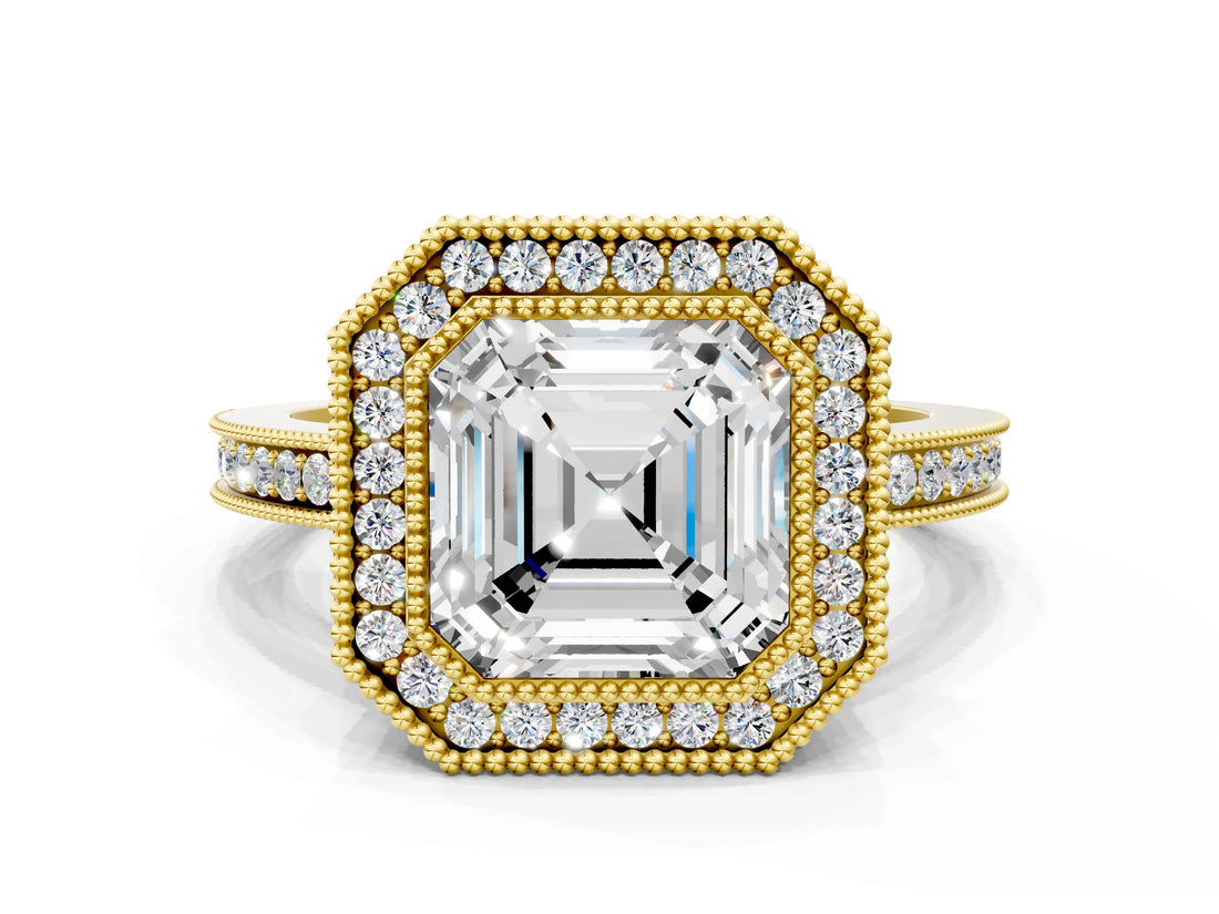 Yellow gold Asscher Cut Halo Diamond Ring with Pavé Band and Milgrain Prong Setting_49