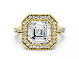 Yellow gold Asscher Cut Halo Diamond Ring with Pavé Band and Milgrain Prong Setting_49