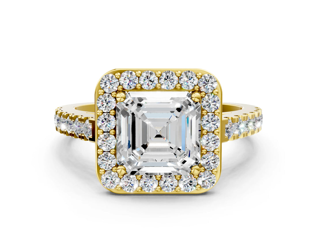 Yellow gold Asscher Cut Halo Diamond Ring with Pavé Band and Three-Prong Setting_12