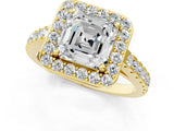 Yellow gold Asscher Cut Halo Diamond Ring with Pavé Band and Three-Prong Setting_13