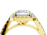 Yellow gold Asscher Cut Halo Diamond Ring with Pavé Band and Three-Prong Setting_16