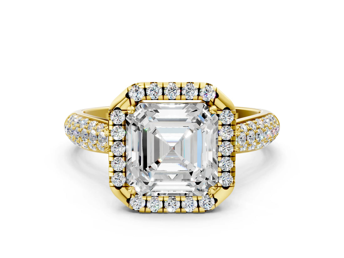 Yellow gold Asscher Cut Halo Diamond Ring with Pavé Band_22