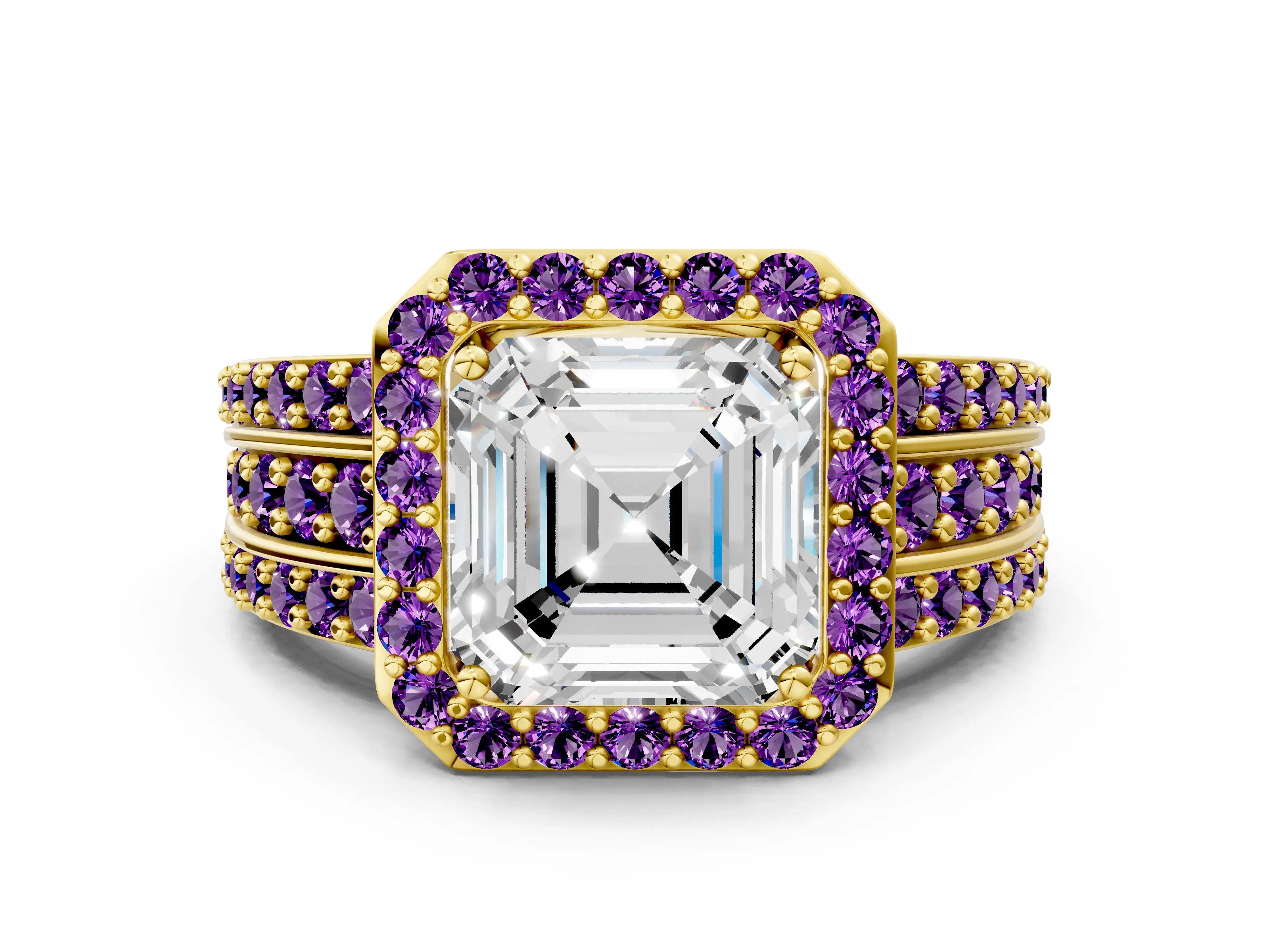 Yellow gold Asscher Cut Halo Diamond Ring with Round with Amethyst side stone Split Shank and Prong Setting