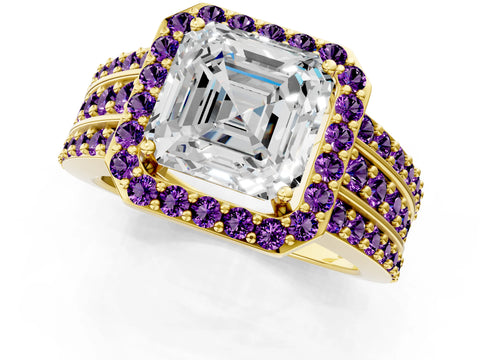 Yellow gold Asscher Cut Halo Diamond Ring with Round with Amethyst side stone Split Shank and Prong Setting_1