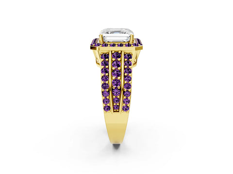 Yellow gold Asscher Cut Halo Diamond Ring with Round with Amethyst side stone Split Shank and Prong Setting_2