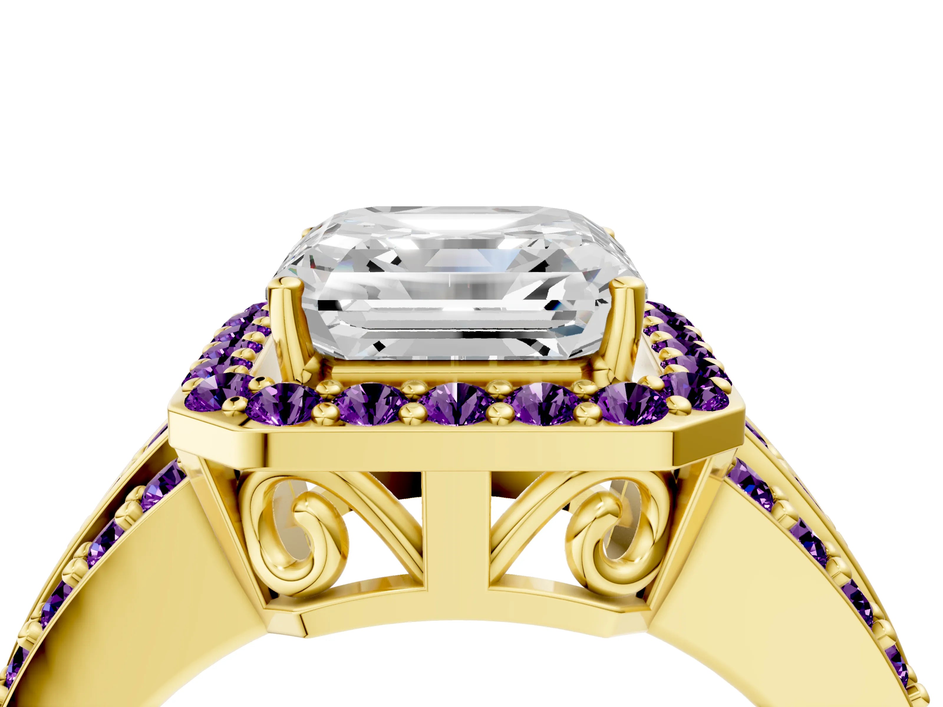 Yellow gold Asscher Cut Halo Diamond Ring with Round with Amethyst side stone Split Shank and Prong Setting_4