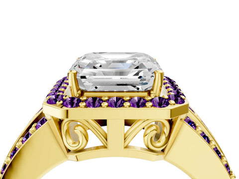 Yellow gold Asscher Cut Halo Diamond Ring with Round with Amethyst side stone Split Shank and Prong Setting_4