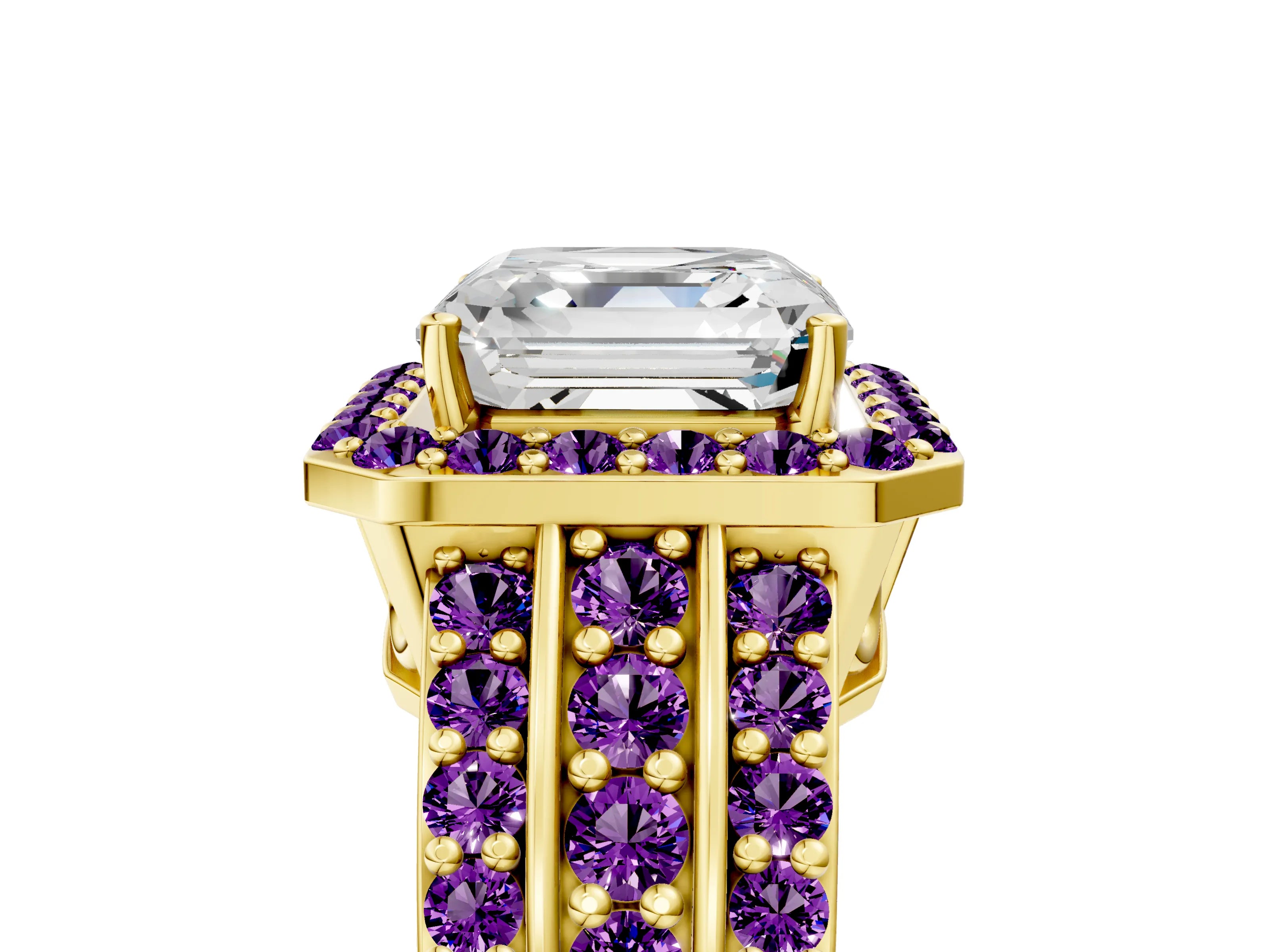 Yellow gold Asscher Cut Halo Diamond Ring with Round with Amethyst side stone Split Shank and Prong Setting_5