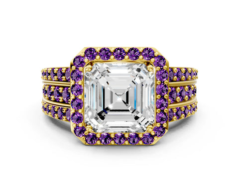 Yellow gold Asscher Cut Halo Diamond Ring with Round with Amethyst side stone Split Shank and Prong Setting