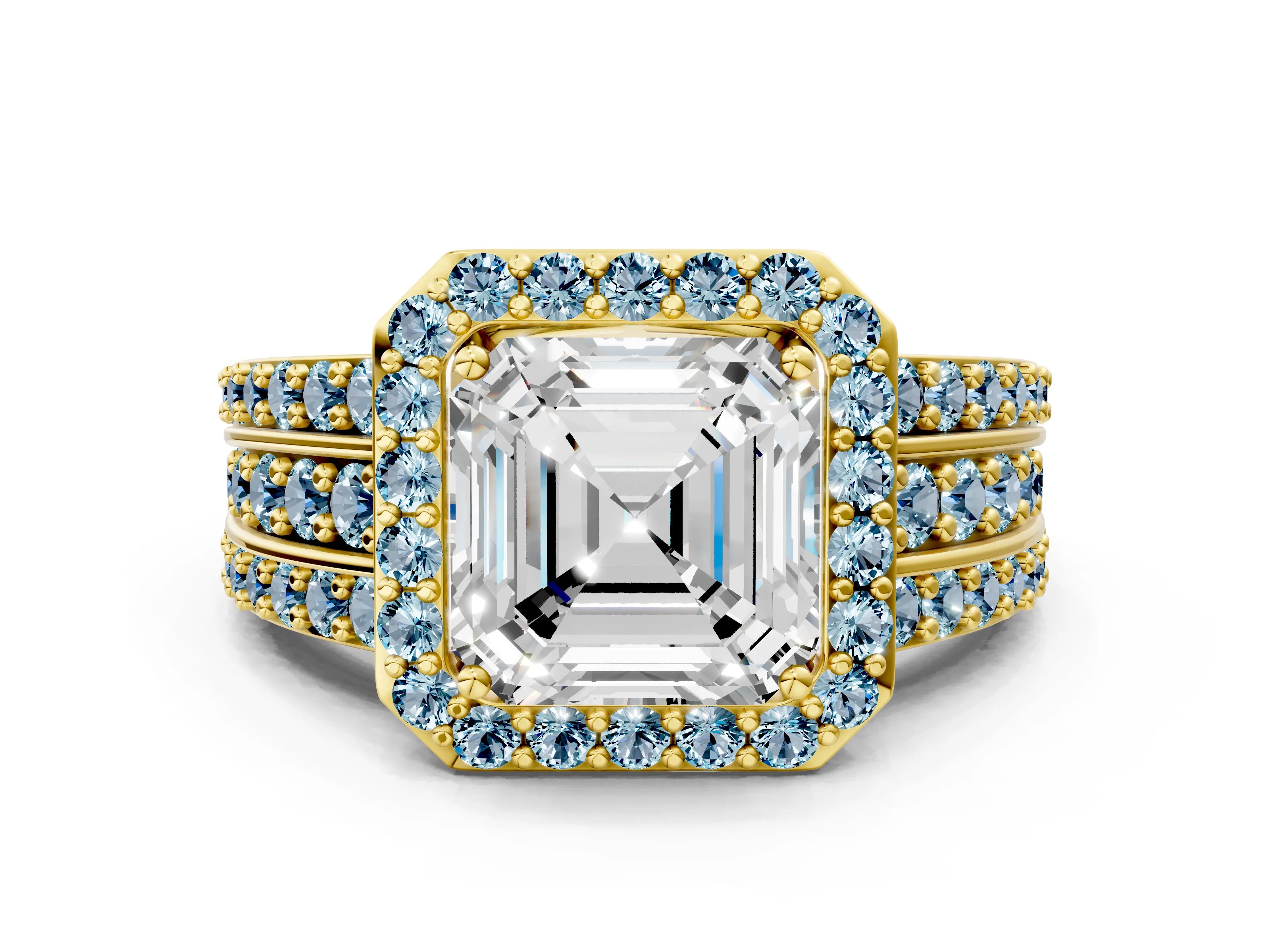 Yellow gold Asscher Cut Halo Diamond Ring with Round with Aquamarine side stone Split Shank and Prong Setting