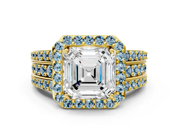 Yellow Gold Asscher Cut Halo Engagement Ring Setting with Aquamarine Three Row Pave Band