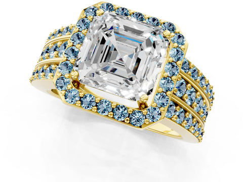 Yellow gold Asscher Cut Halo Diamond Ring with Round with Aquamarine side stone Split Shank and Prong Setting_1