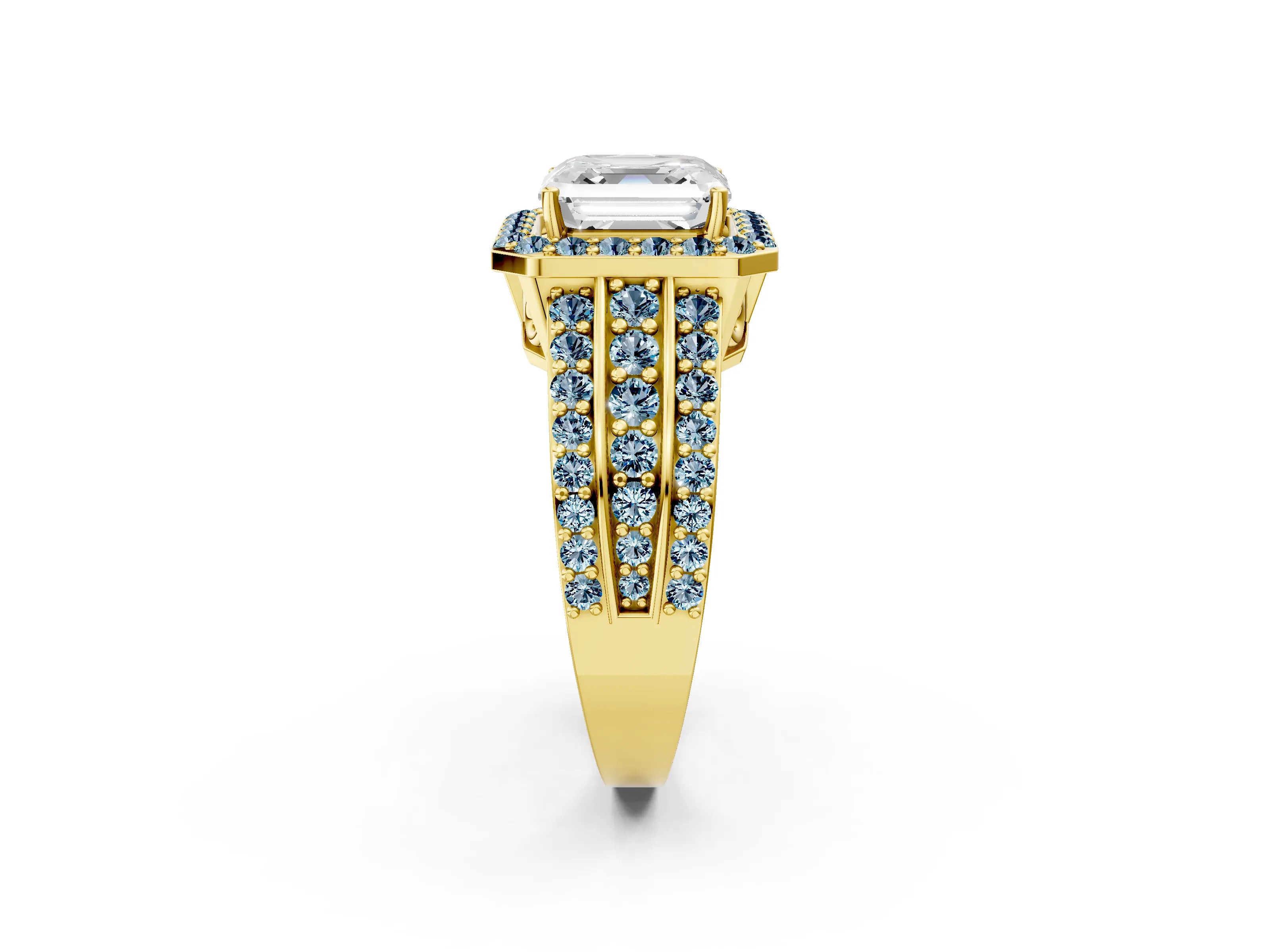 Yellow gold Asscher Cut Halo Diamond Ring with Round with Aquamarine side stone Split Shank and Prong Setting_2