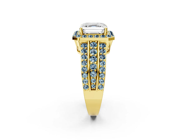 Yellow Gold Asscher Cut Halo Engagement Ring Setting with Aquamarine Three Row Pave Band