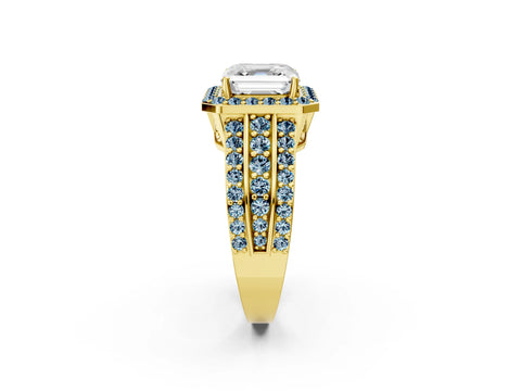 Yellow gold Asscher Cut Halo Diamond Ring with Round with Aquamarine side stone Split Shank and Prong Setting_2