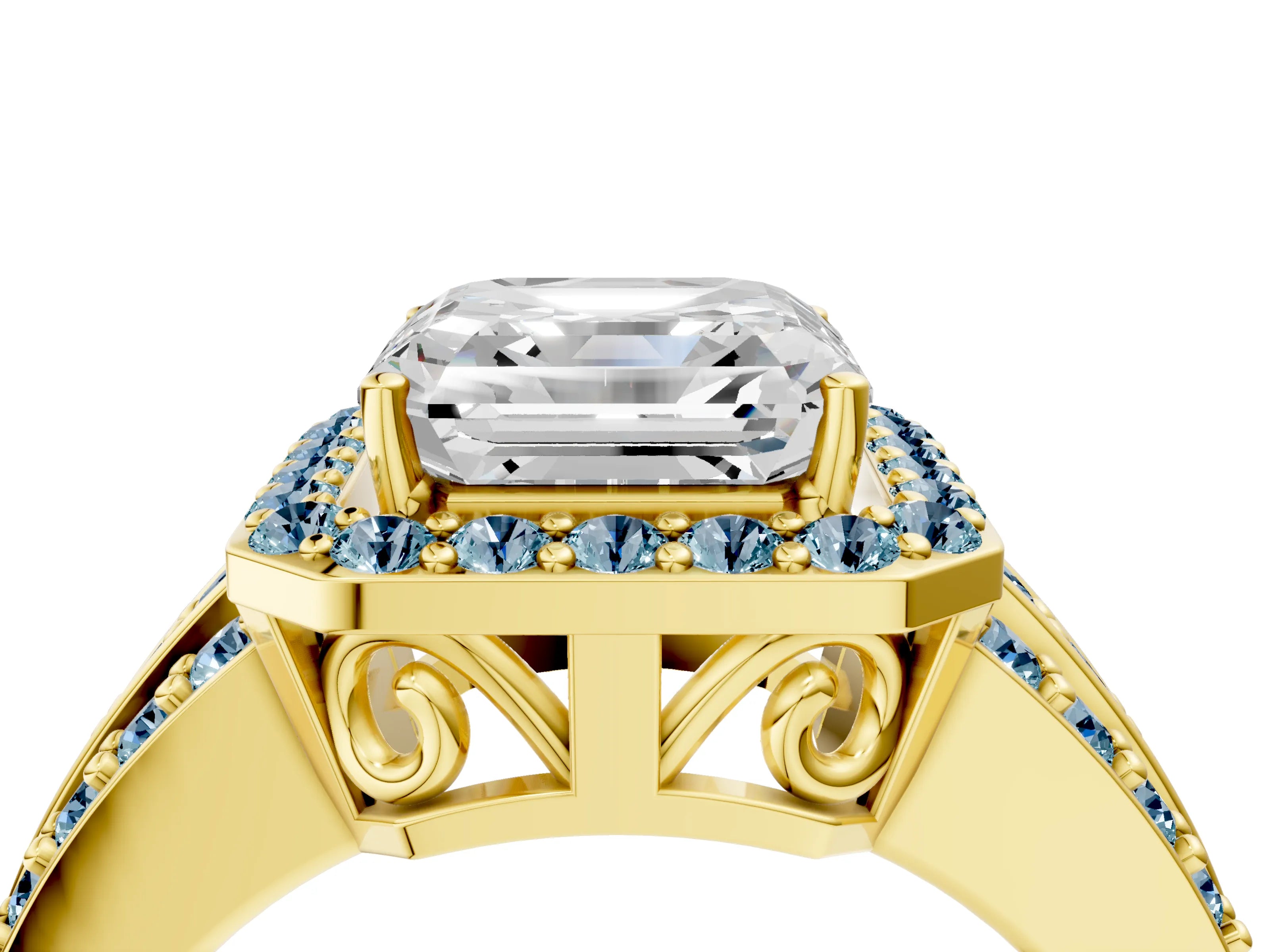 Yellow gold Asscher Cut Halo Diamond Ring with Round with Aquamarine side stone Split Shank and Prong Setting_4