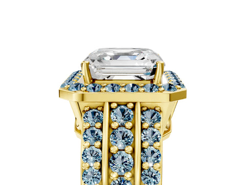 Yellow gold Asscher Cut Halo Diamond Ring with Round with Aquamarine side stone Split Shank and Prong Setting_5