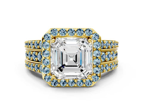 Yellow gold Asscher Cut Halo Diamond Ring with Round with Aquamarine side stone Split Shank and Prong Setting
