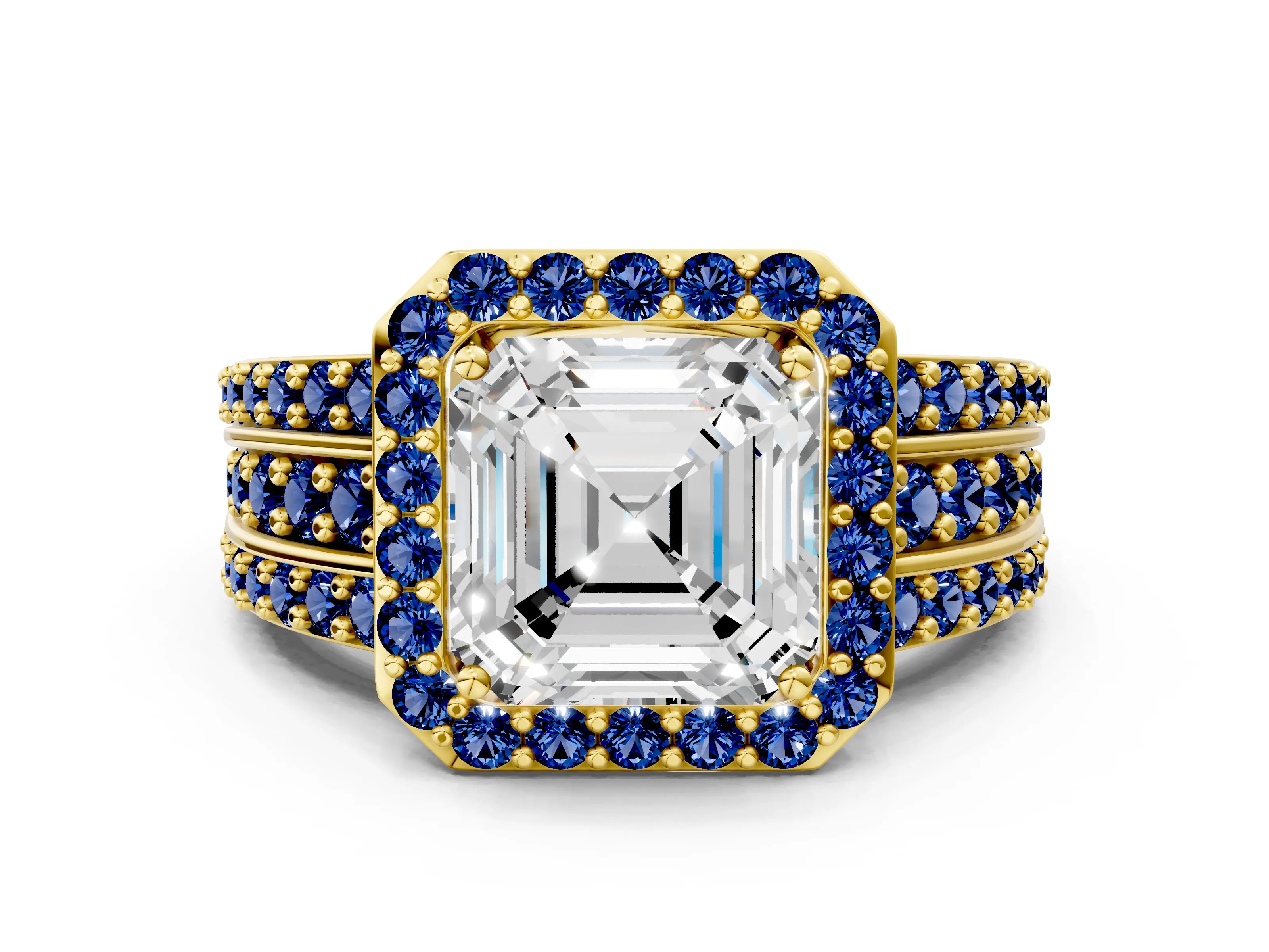 Yellow gold Asscher Cut Halo Diamond Ring with Round with Blue Sapphire side stone Split Shank and Prong Setting