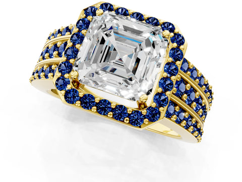 Yellow gold Asscher Cut Halo Diamond Ring with Round with Blue Sapphire side stone Split Shank and Prong Setting_1